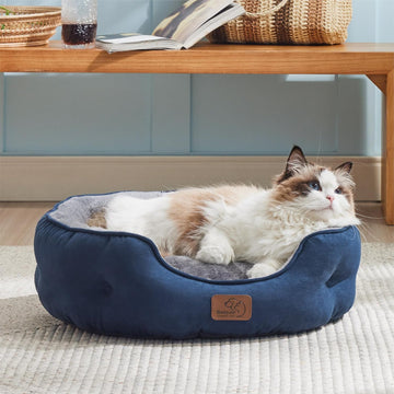 Dog Beds for Small Dogs - Round Cat Beds for Indoor Cats, Washable Pet Bed for Puppy and Kitten with Slip-Resistant Bottom, 20 Inches, Navy